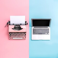 split screen left half is a typewriter right half is a laptop flat