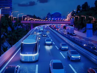 Electric Buses in Futuristic City Traffic at Night