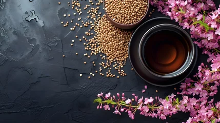 Zelfklevend Fotobehang Koffiebar Top View Tranquility: Fresh Buckwheat Tea in a Teacup