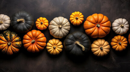 A group of pumpkins on a black color stone