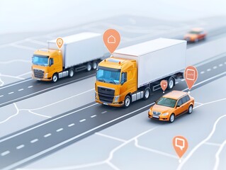 3D Rendering of Trucks Driving on a Map with GPS Pins
