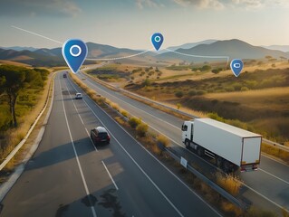 Truck Driving on a Road with GPS Map in Data Visualization Style