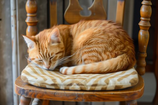 Cat Curled Up On A Cushion On A Wooden Chair