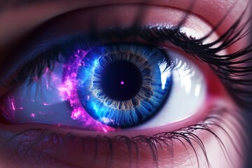 Beautiful open female eye, bright blue lenses, close-up  An enlarged image of right eye with a blue iris, eyelashes and sclera. the shot is made by a slit lamp with a built-in camera 

