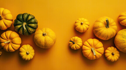 A group of pumpkins on a yellow color stone