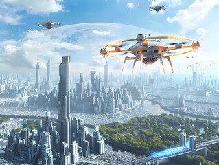 Futuristic Drones Flying Over a City