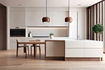 Fototapeta na wymiar Default_Minimalist_kitchen_room_with_white_furniture_and_wood_