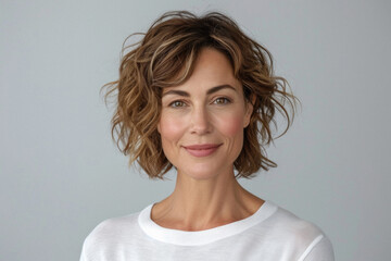 Happy attractive confident European woman of middle age posing for beauty portrait. Beautiful mid aged mature lady smiling on background, attractive female model looking at camera. Close up face .