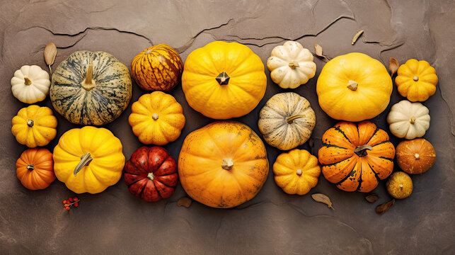 A group of pumpkins on a yellow color stone