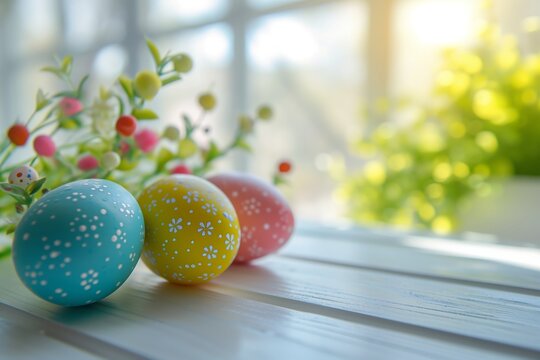 Minimalistic easter background image with copy space: macro of white and gold decorated easter eggs and spring tree willow branch on wooden kitchen table