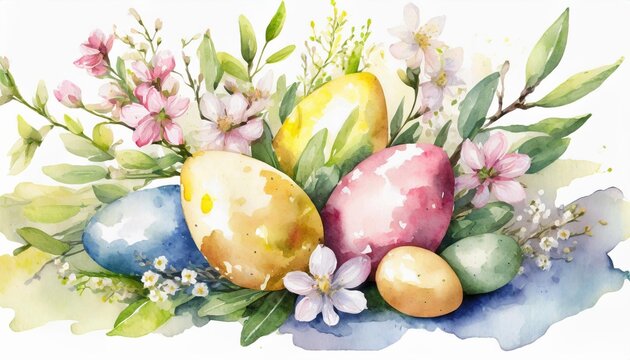 Watercolor illustration of composition with Easter eggs and beautiful flowers. Spring holiday