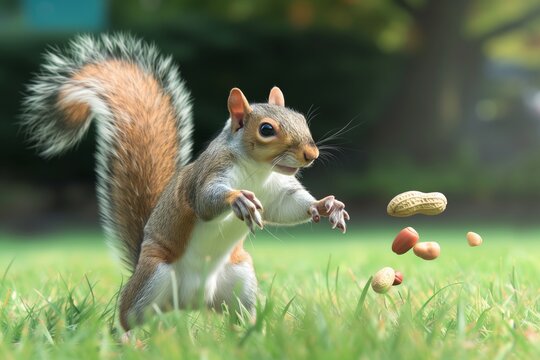 squirrel reaching for peanut on grassy field
