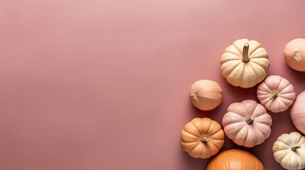A group of pumpkins on a blush color stone