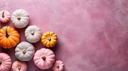 A group of pumpkins on a pink color stone