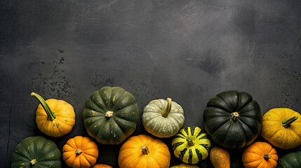 A group of pumpkins on a dark lime color stone - obrazy, fototapety, plakaty