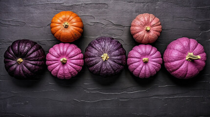 Obraz na płótnie Canvas A group of pumpkins on a dark magenta color stone