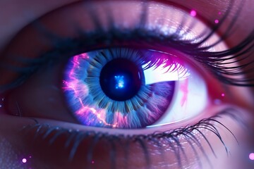 Beautiful open female eye, bright blue lenses, close-up  An enlarged image of right eye with a blue...