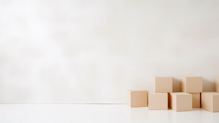 a row of cardboard boxes against a white wall, relocation.