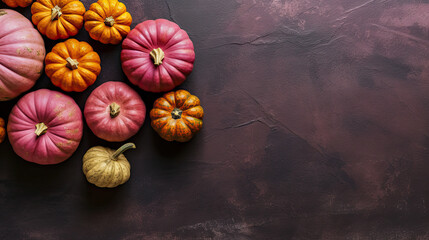 A group of pumpkins on a dark pink color stone