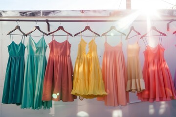 colorful summer dresses on a metal wall rack in bright light