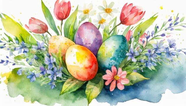 Watercolor illustration of composition with Easter eggs and beautiful flowers. Spring holiday
