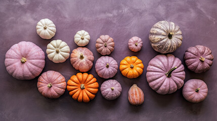 Fototapeta na wymiar A group of pumpkins on a light purple color stone