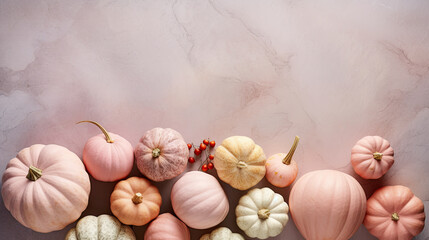 A group of pumpkins on a light pink color stone