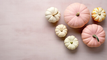 A group of pumpkins on a light pink color stone