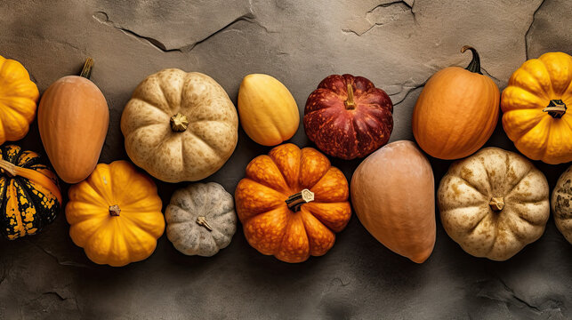 A group of pumpkins on a vivid brown color stone