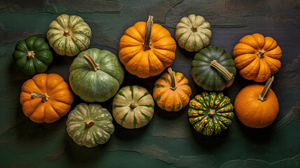A group of pumpkins on a vivid green color stone