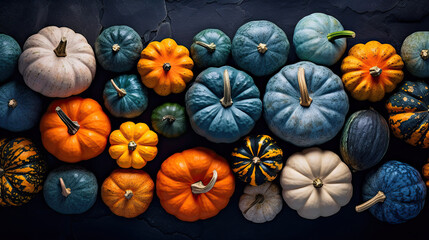 A group of pumpkins on a vivid blue color stone