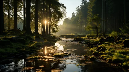 Foto op Canvas A serene forest scene at dawn, with sunlight filtering through the lush canopy, casting a warm glow on dew-covered foliage and creating a tranquil ambiance in nature's embrace © Naqash