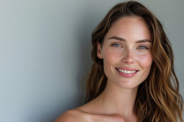 Happy attractive confident young adult or mid aged European woman posing for beauty aesthetic portrait. Beautiful lady smiling on background, attractive female model looking at camera. Close up face .