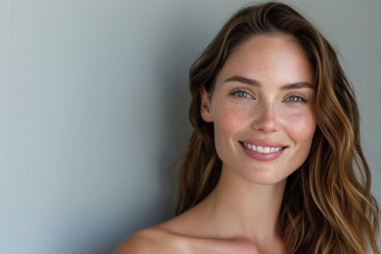 Happy attractive confident young adult or mid aged European woman posing for beauty aesthetic portrait. Beautiful lady smiling on background, attractive female model looking at camera. Close up face .