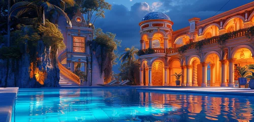 Poster A luxurious baroque house next to a pool under an acrylic roof, set against a background of deep, royal blue © Aaron Gallery  
