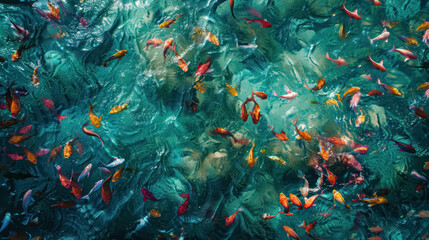 Fototapeta na wymiar Top View of a Crystal And Clear Turquoise Sea Showcasing An Enormous School of Vibrant Colorful Fish Visible Beneath The Surface. View of Ocean Fauna