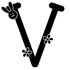 letterV  cute Easter bunny alphabet spring flower for birthdays name tag nursery and baby shower decor