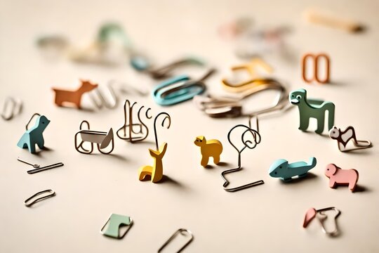 A set of playful, minimalistic paper clips in various shapes and colors, featuring cute illustrations of animals