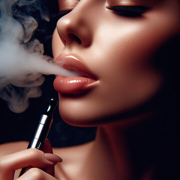 beauty young woman with smoking e-cigarette, closeup portrait