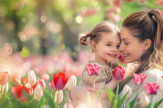 a mother's day postcard: a woman holding and embracing a small little girl toddler among green plants and tulip flowers