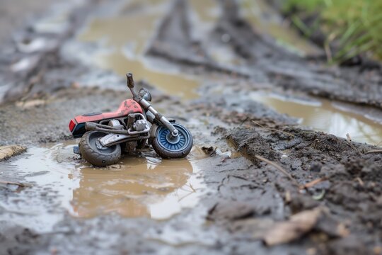 childs toy motorcycle stuck at a mud puddles edge