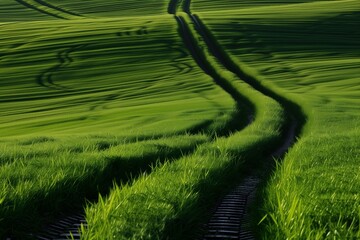 tractor tire tracks leading through a green field