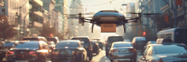 Evening Drone Delivery Service - Drone with cargo box over  traffic jams and city at dusk