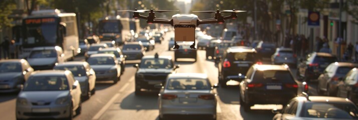 Morning Drone Delivery Box Over  Traffic Jams - Early flight of drone with package in city