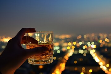 hand holding whisky glass, blurred city lights backdrop