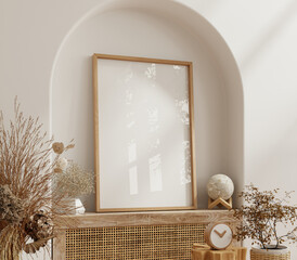 Poster mockup with vertical wooden frame in home interior background - 741513892