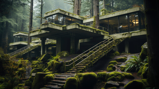 An old abandoned reinforced concrete building in the jungle with dirty walls covered in moss stains and overgrown with weeds
