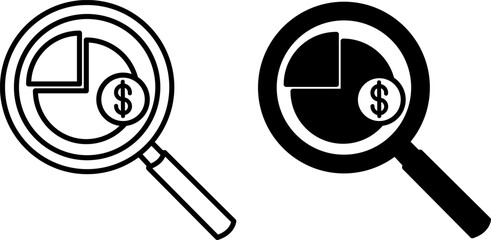Financial Monitoring Icons. Black and White Vector Icons. Business Analysis Financial Graph. Data Analytics in a Magnifying Glass. Business and Finance Concept