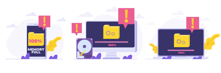 Phone, Laptop, Desktop full memory. Storage space file is full concepts set. Flat Vector illustrations  bundle, collections .