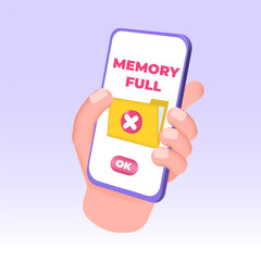 Phone full memory. Storage space file is full concept. 3D Vector illustration.